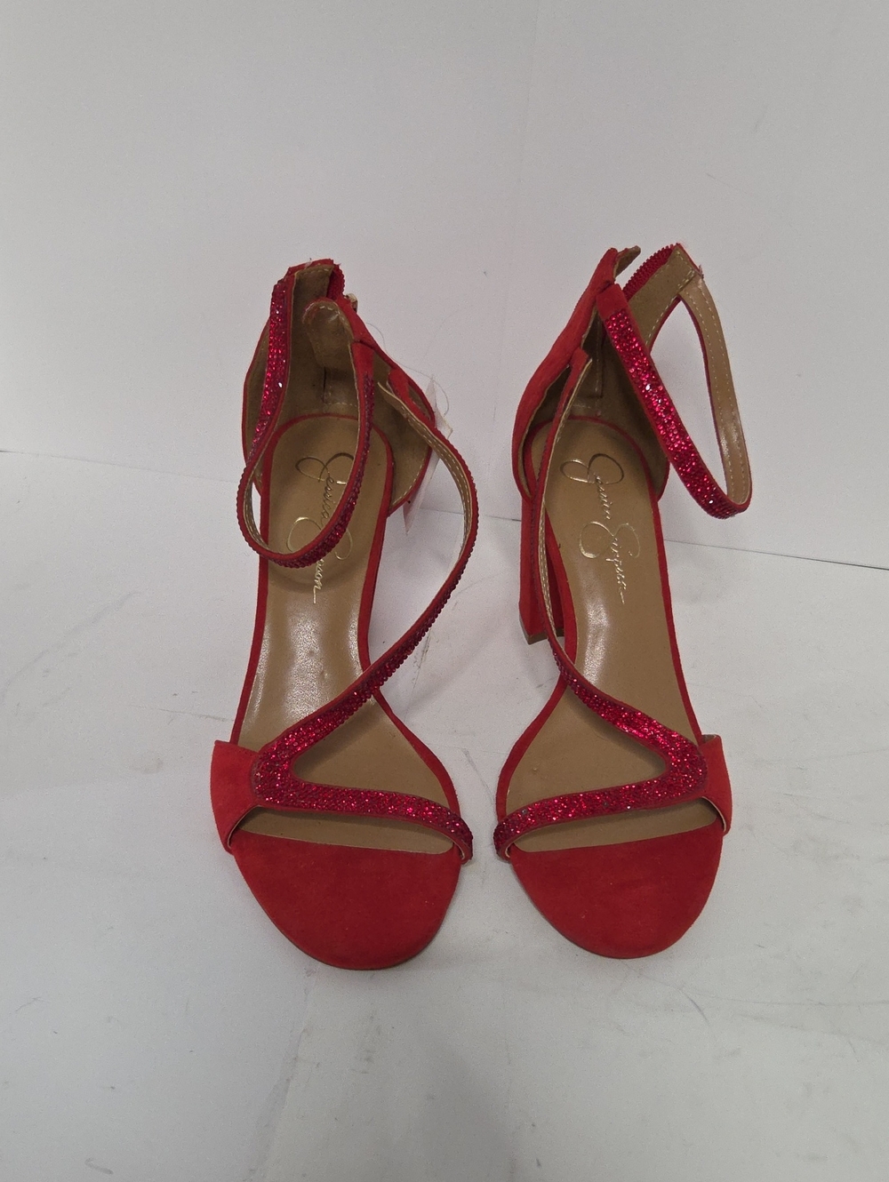 Jessica Simpson Red Glitter Strappy Block Heel Sandals Size 7.5